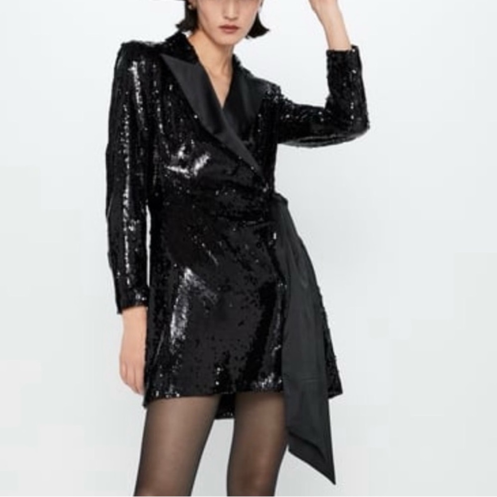 Zara Black Sequin Satin Trim Blazer Dress